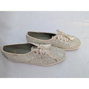 Keds Champion Kate Spade Womens Glitter Sneakers Size 8 Cream Satin Laces Swifty